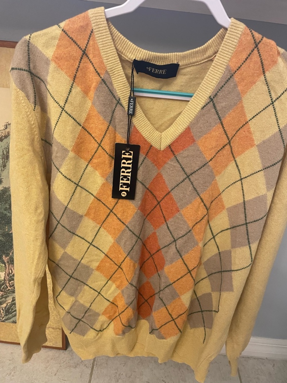 Gianfranco Ferre Yellow, Orange & Gray Argyle V-Neck Sweater